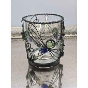 Jeweled Dragonfly Candle Holder Glass & Twisted Wire Green Blue White 3.5"T 3"W